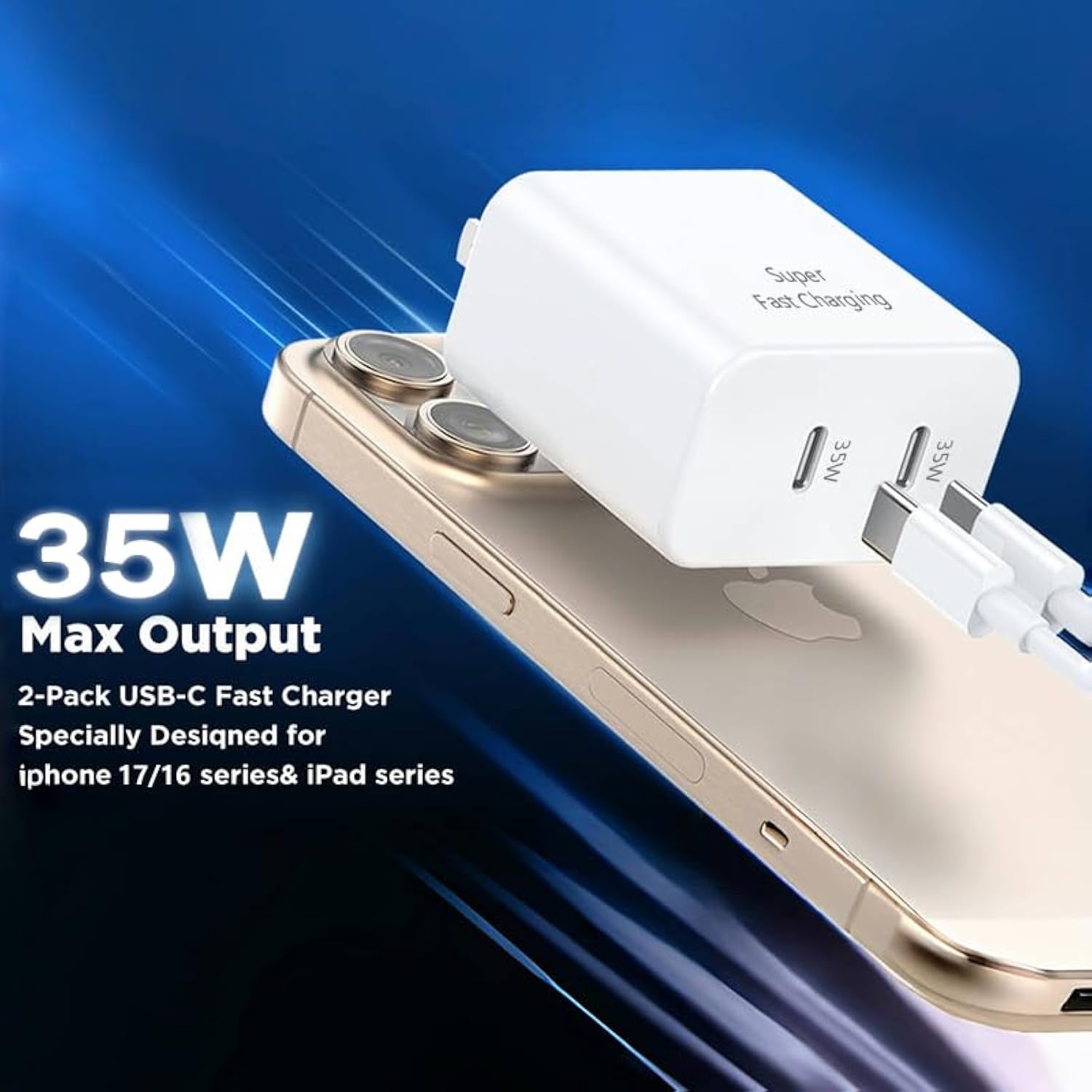 Iphone 17 Pro Max Charger Fast Charging,[2-Pack] 35W Dual Port Usb C Fast Charger Block&Extra Long 10Ft 60W Usb C To C Cable Pd Quick Adapter 3.0 For Apple Iphone 17 Pro Max/17 Air/17 Plus/16/16E/15