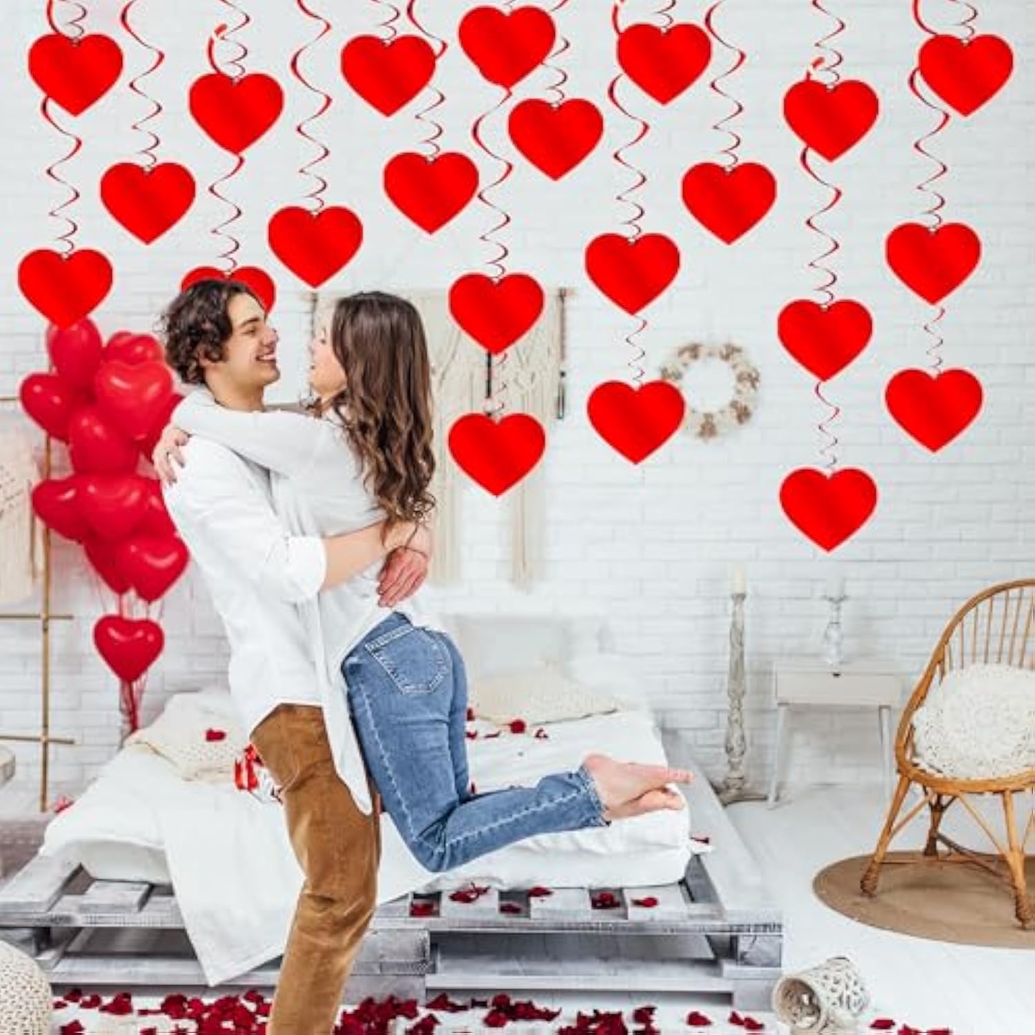 Red Hanging Heart Party Decorations - 24 Pcs Pre-Assembled Ceiling Hanging Swirls For Valentines Day, Galentines Day