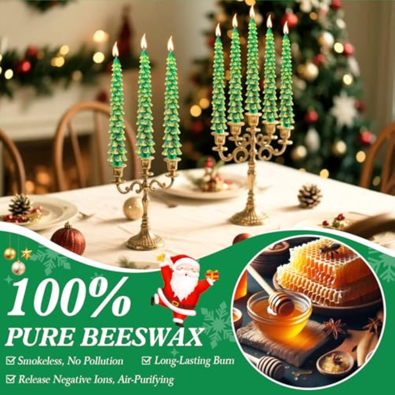 8 Pack Christmas Tree Candles, 10 Inch Pure Beeswax Christmas Tree Shaped Taper Candles For Xmas Holiday Decor, Advent Party Banquet Centerpiece Decoration(Green With Gold Trim)