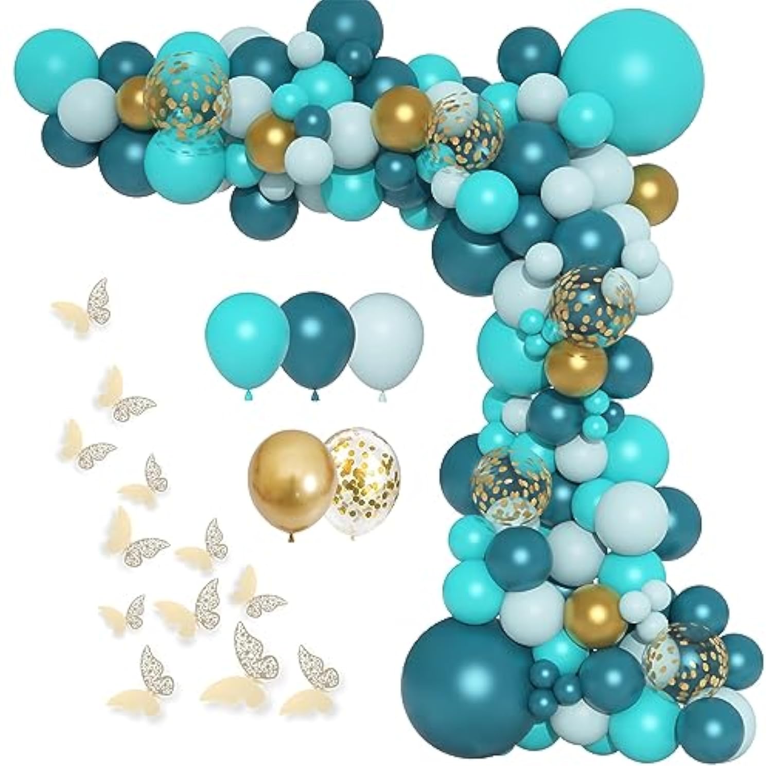 Teal Balloon Arch Kit (148pcs) with Gold Butterflies for Birthday, Baby Shower & Wedding Decor