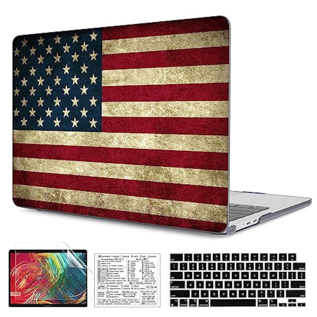 Compatible With Macbook Air 15 Inch Case 2023 2024 Release M3 A3114 A2941 M2 Chip Durable Plastic Shell Case With Keyboard Cover & Mac Os Keyboard Sticker (Usa Flag)