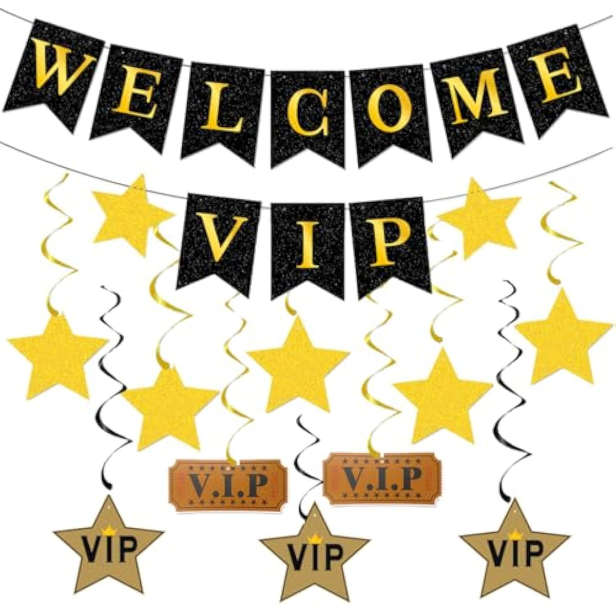 VIP Red Carpet Party Decorations Black Gold Banner Stars Hanging Swirls