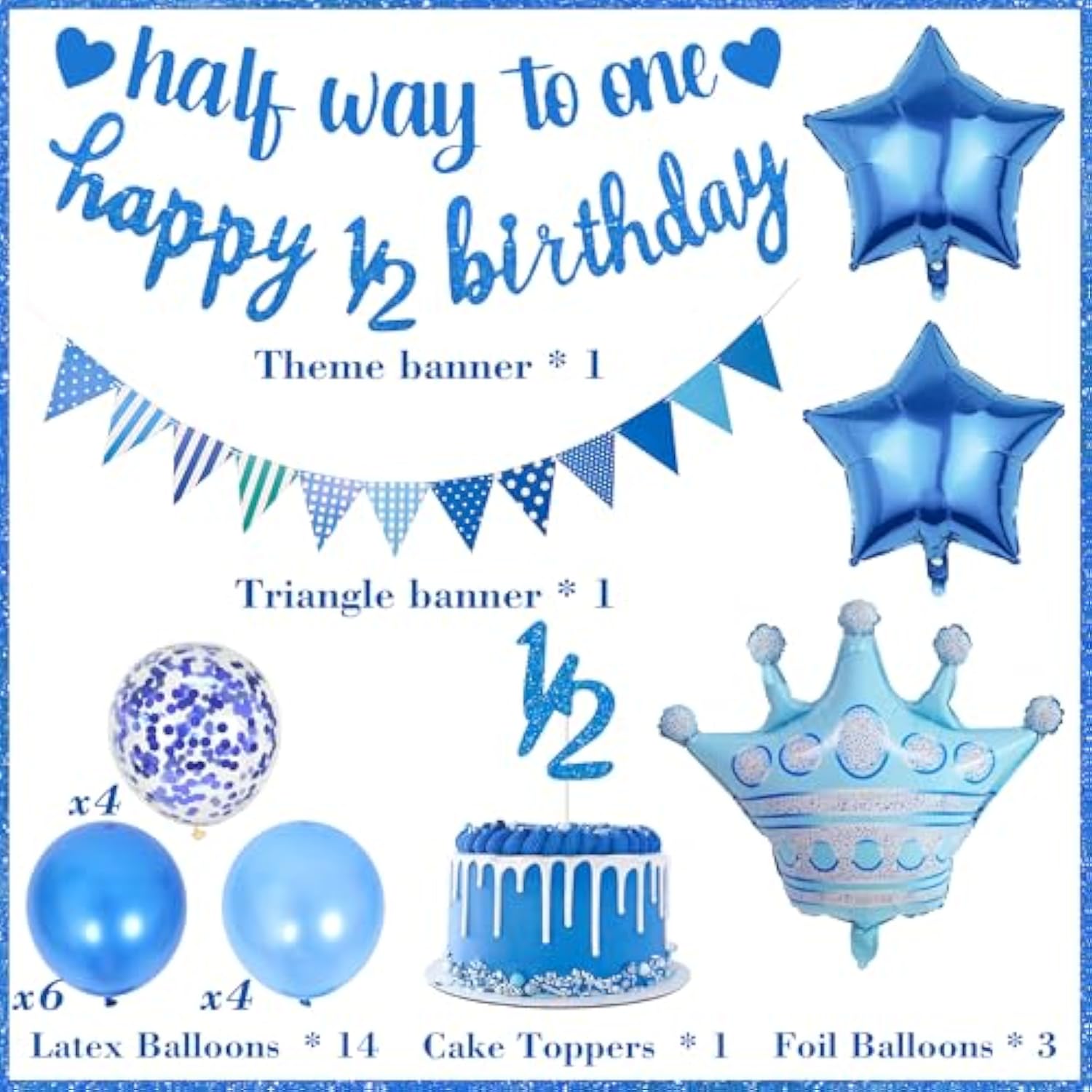 "Halfway to One" Banner – 20 Pcs Blue 6-Month Birthday Set for Baby Boy Party