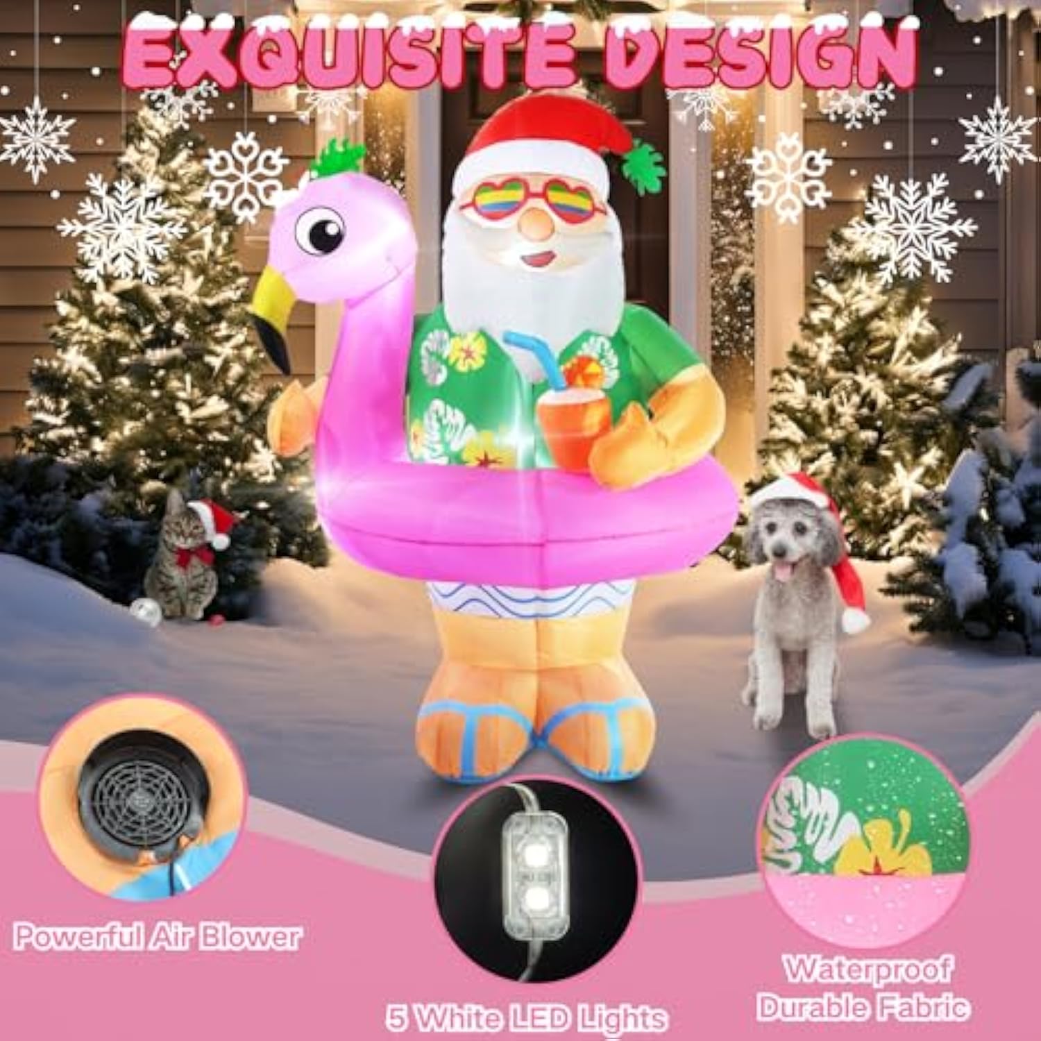 Christmas Inflatables Santa Claus Outdoor Decorations 6Ft Giant Hawaiian Santa Flamingo Swimming Ring Blow Up Yard Xmas