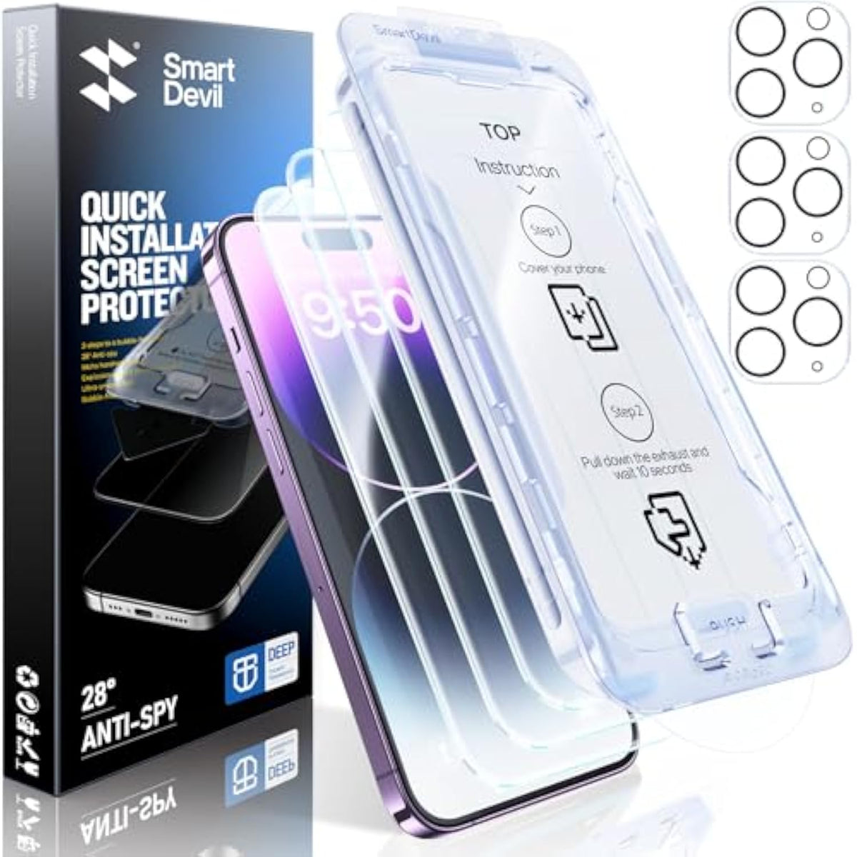 3-Pack Screen Protector For Iphone 14 Pro Max With 3-Pack Camera Lens Protector, Clear 9H Tempered Glass Film, Super Fast Installation (Dust-Free & Bubble-Free), Alignment Tool