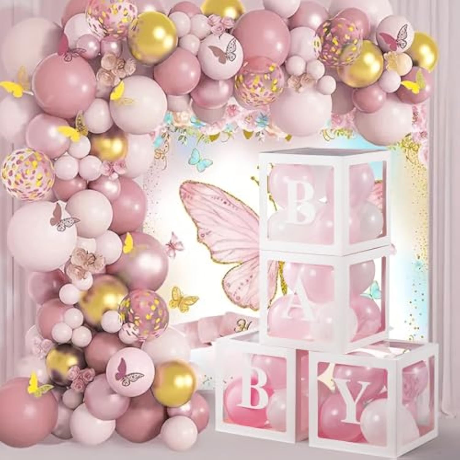 4Pcs Transparent Balloon Boxes with Letters, 36Pcs Pink & White Balloons for Gender Reveal Party
