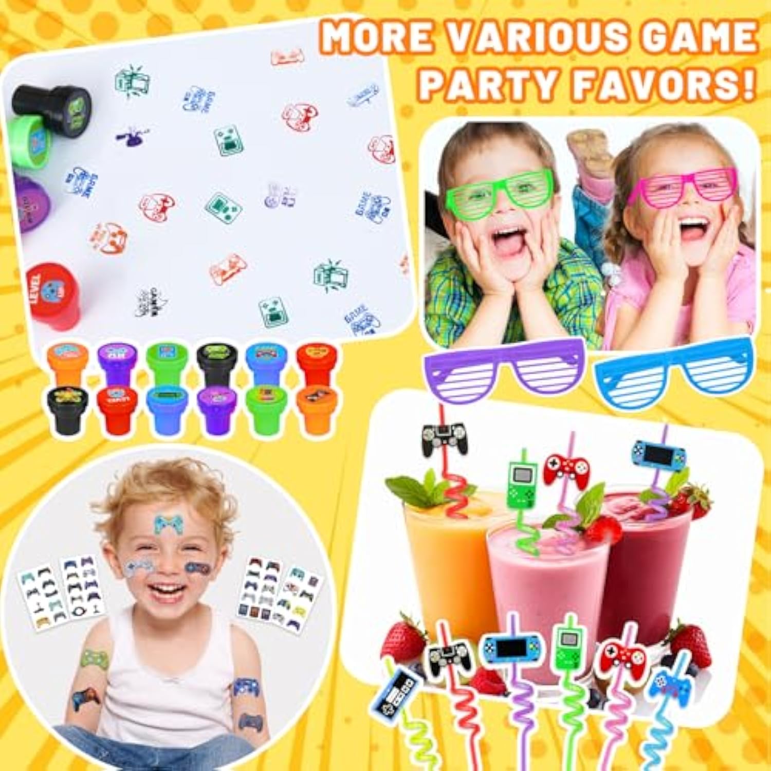 120 Pcs Video Game Party Favors, Gamer Gaming Party Favors - Glasses Invisible Ink Pens Notebooks Drinking Straws Stamps Tattoo Stickers Gift Bags For Game On Birthday Parties Favor Supplies