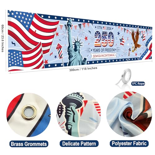 USA Large Backdrop Banner Flag for 250th Anniversary Decorations, 9.8 x 2ft American Fabric Background Banner for Independence Day, 4th of July, Home Yard Fence Garden Bar Decor
