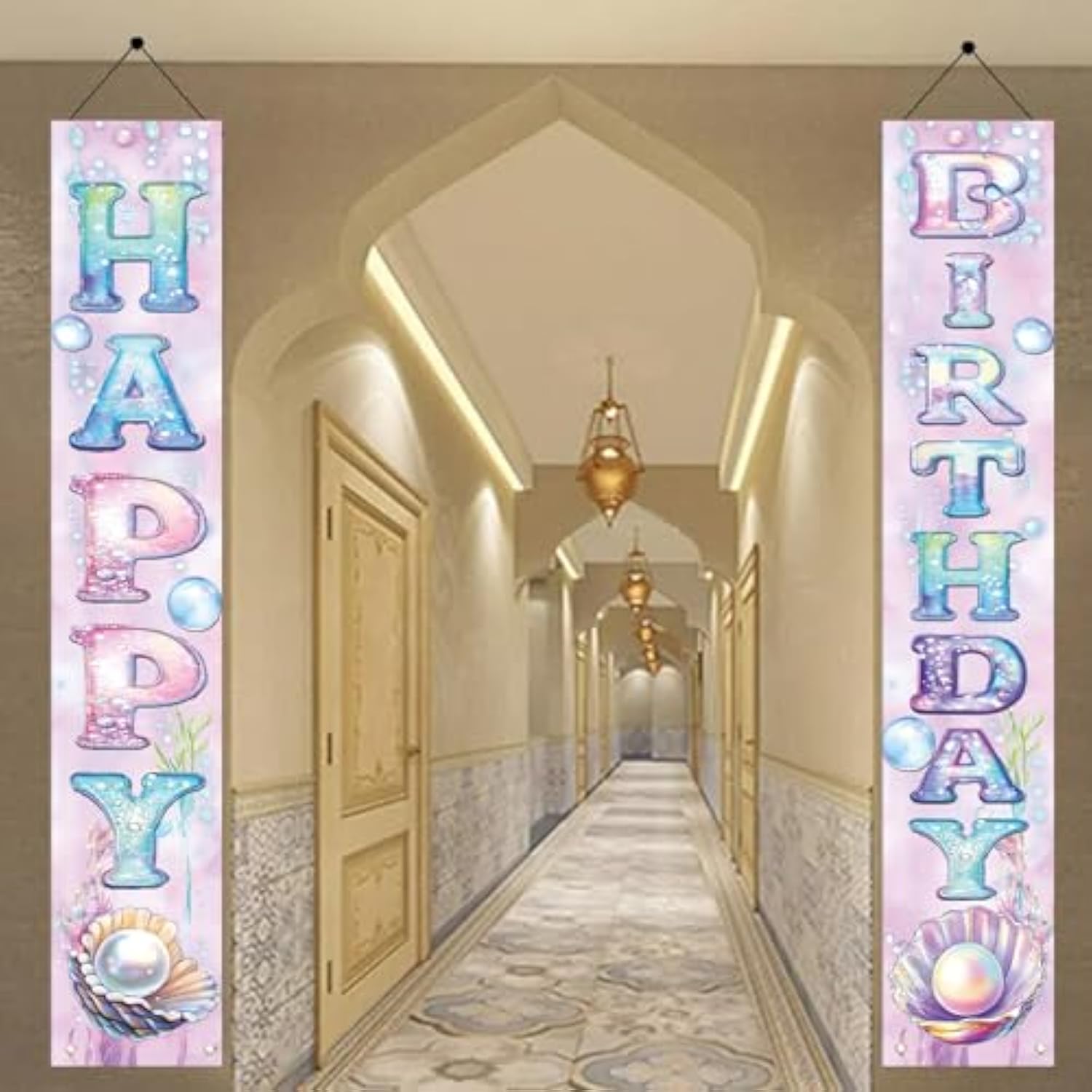 2Pcs Happy Birthday Hanging Banner Porch Sign Mermaid Seashell Decorations Birthday Front Door Wall For Girls Kids Welcome Holiday Party Supplies Children Classroom 71 X 12 Inch