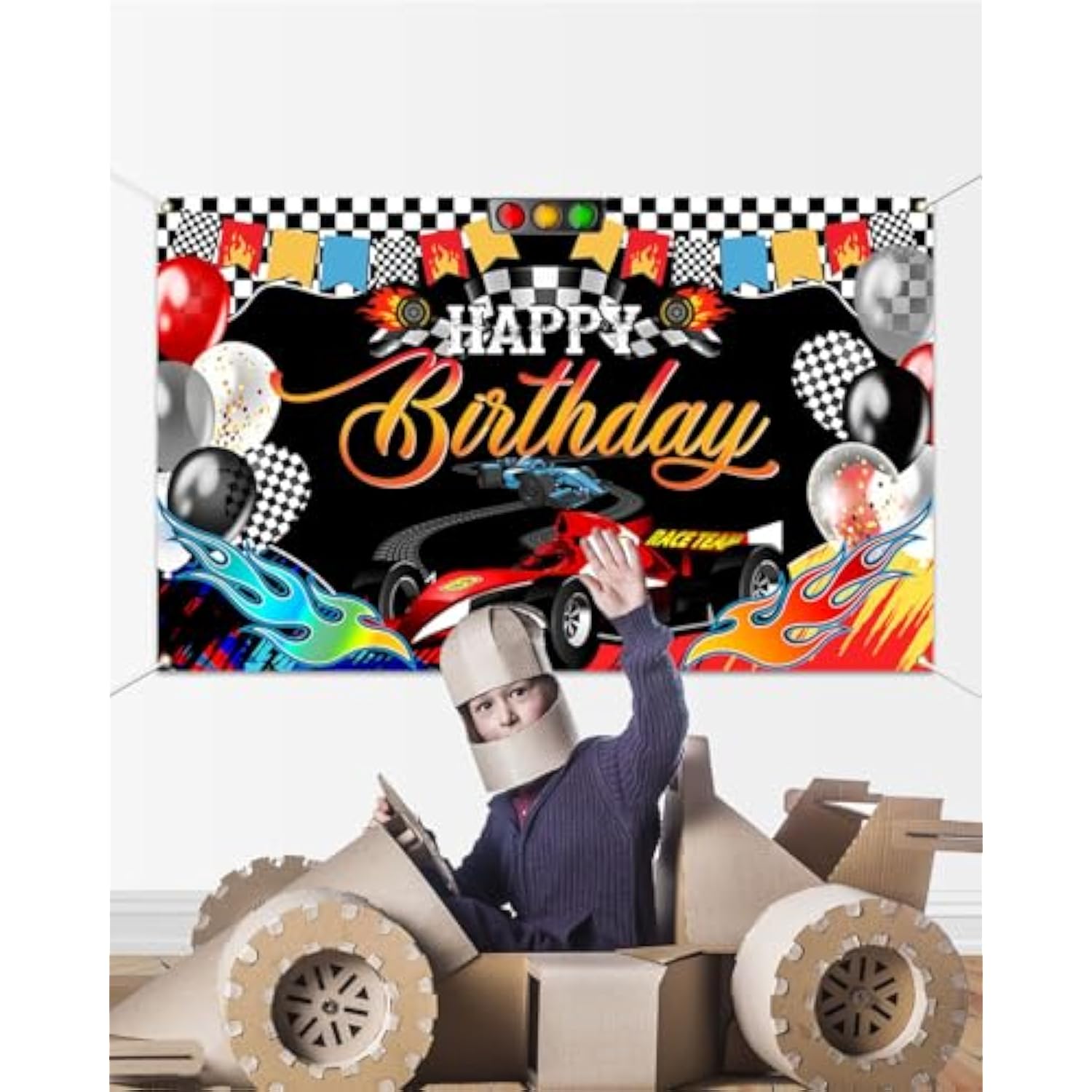 Racing Car Birthday Backdrop Banner Red Car-Themed Party Decorations (70.8x43.3")