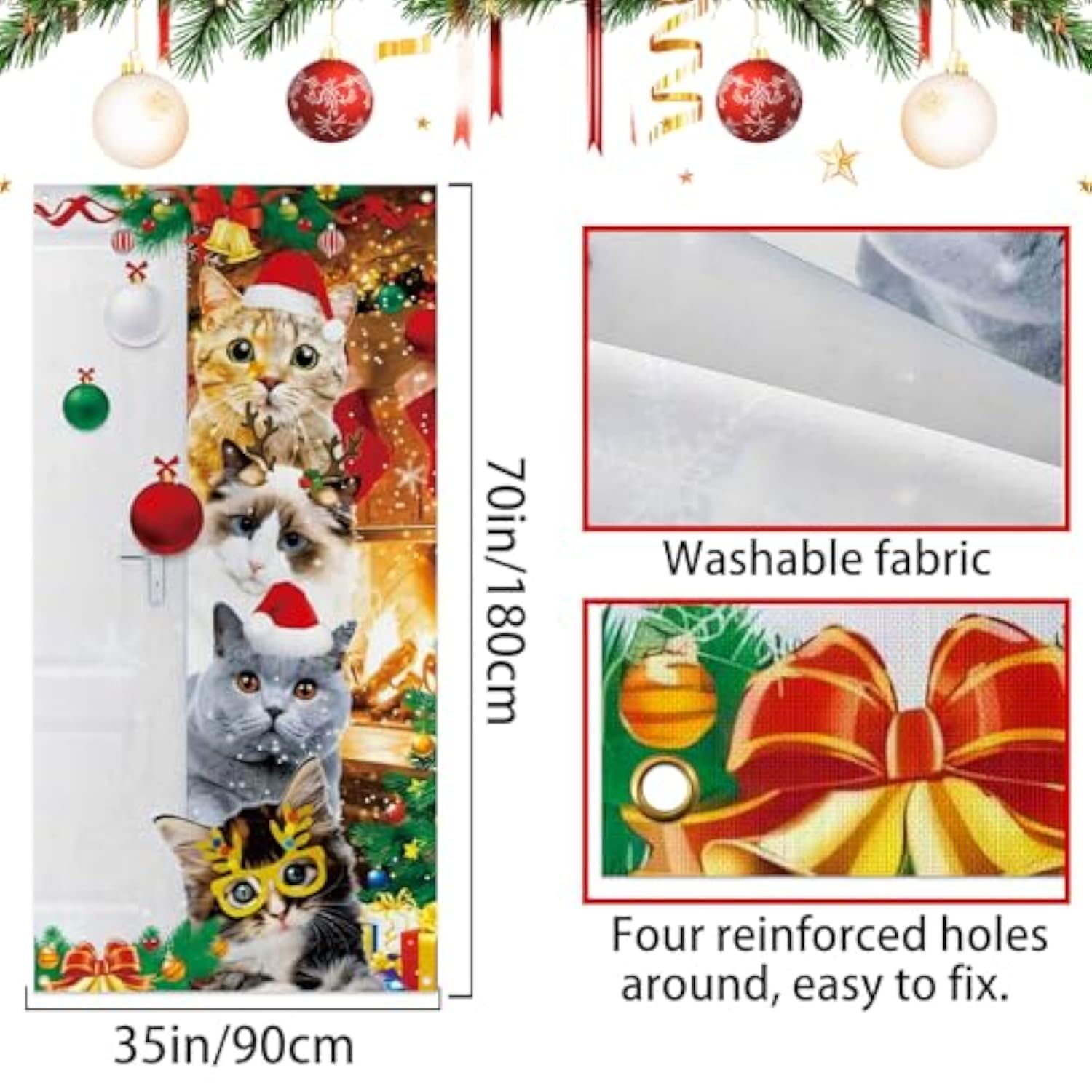 Christmas Door Cover Cute Santa Cat Front Door Covers Decoration 71X36 Inch, Merry Christmas Banner For Holiday Parties, Winter Xmas Decor, Festive Backdrop For Home & Office