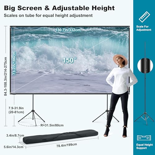 Outdoor Projector Screen with Stand 150 inch 16:9, Portable Projector Screen, 1.5 High Gain Fiberglass, Sturdy Backing, Wind-Resistant Movie Screen,