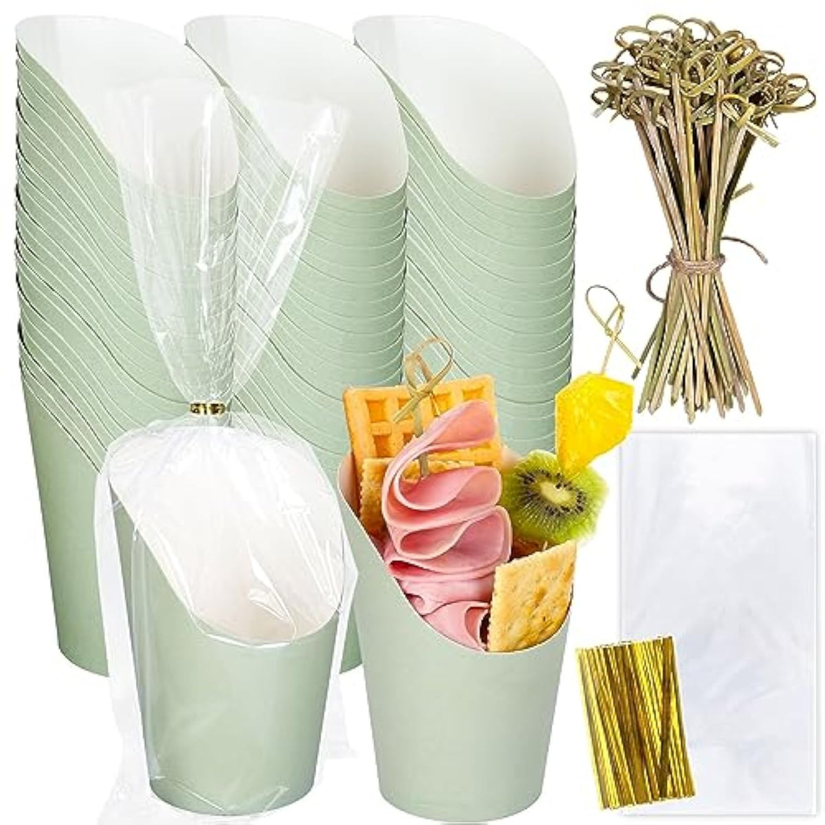 50Pcs Sage Green Charcuterie Cups With Bamboo Sticks Plastic Treat Goodie Bags Gold Twist Ties 14Oz Disposable Paper French Fries Cup Holder For Home Kitchen Baby Shower Birthday Party Supply
