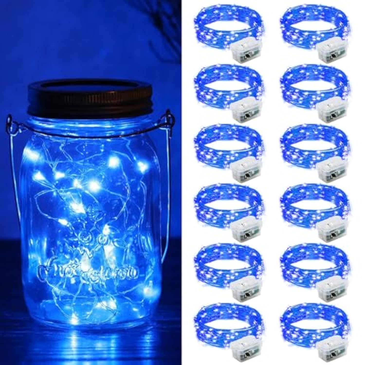 12 Pack Fairy Lights Battery Operated, 7Ft 20 Mini Led Fairy String Lights Silver Wire 3 Modes For Diy, Parties, Wedding, Bedroom, Halloween Christmas Decoration Blue