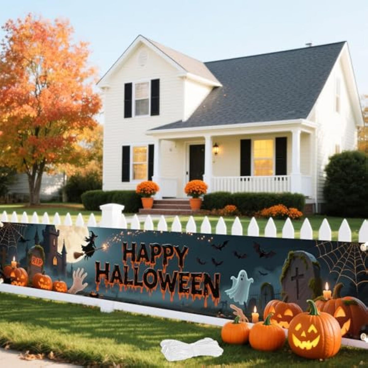 Large Happy Halloween Banner 120x20in Blue Yard Porch Fence Outdoor Decorations