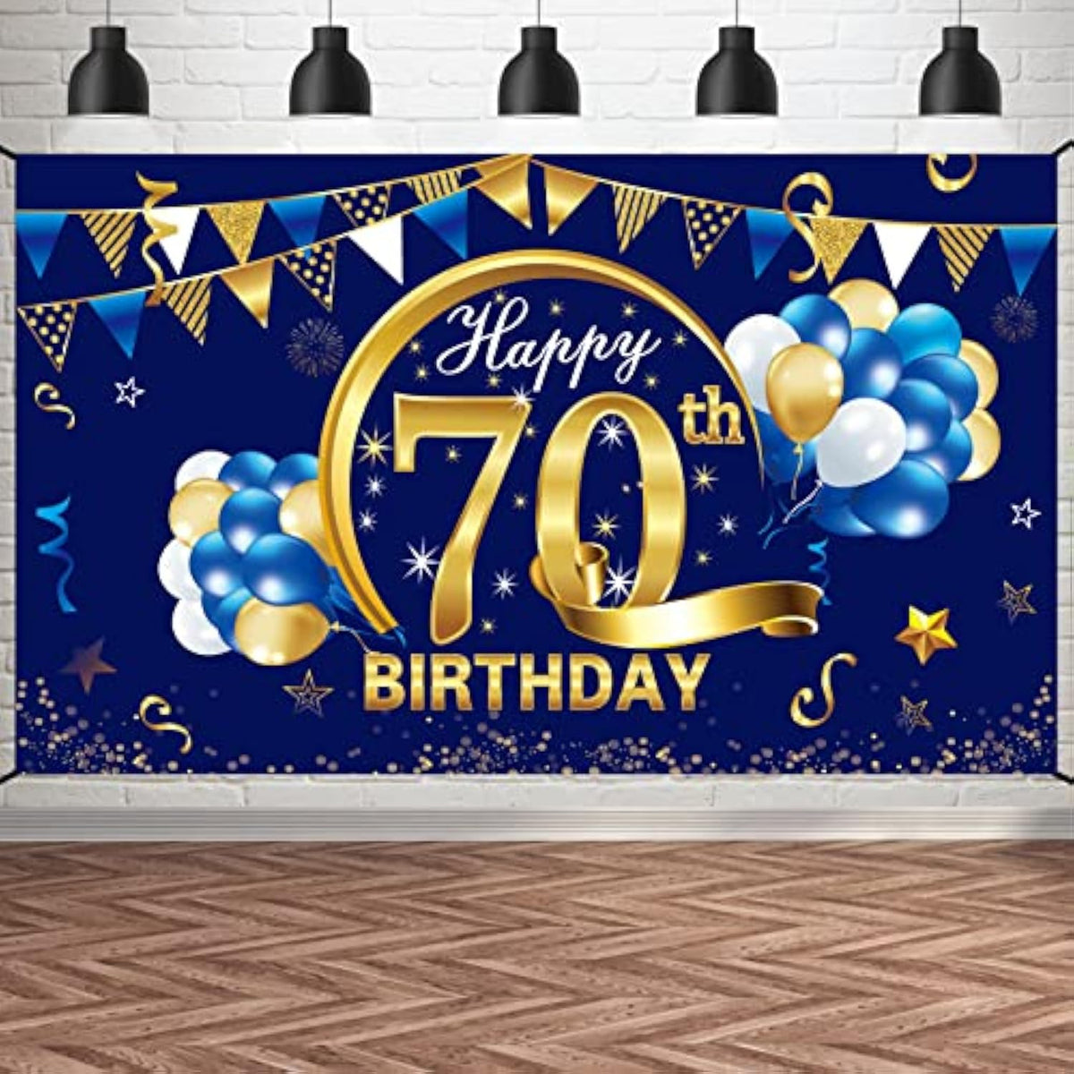 Blue Gold Happy 70th Birthday Banner Decorations & Backdrop Sign for Men's Party