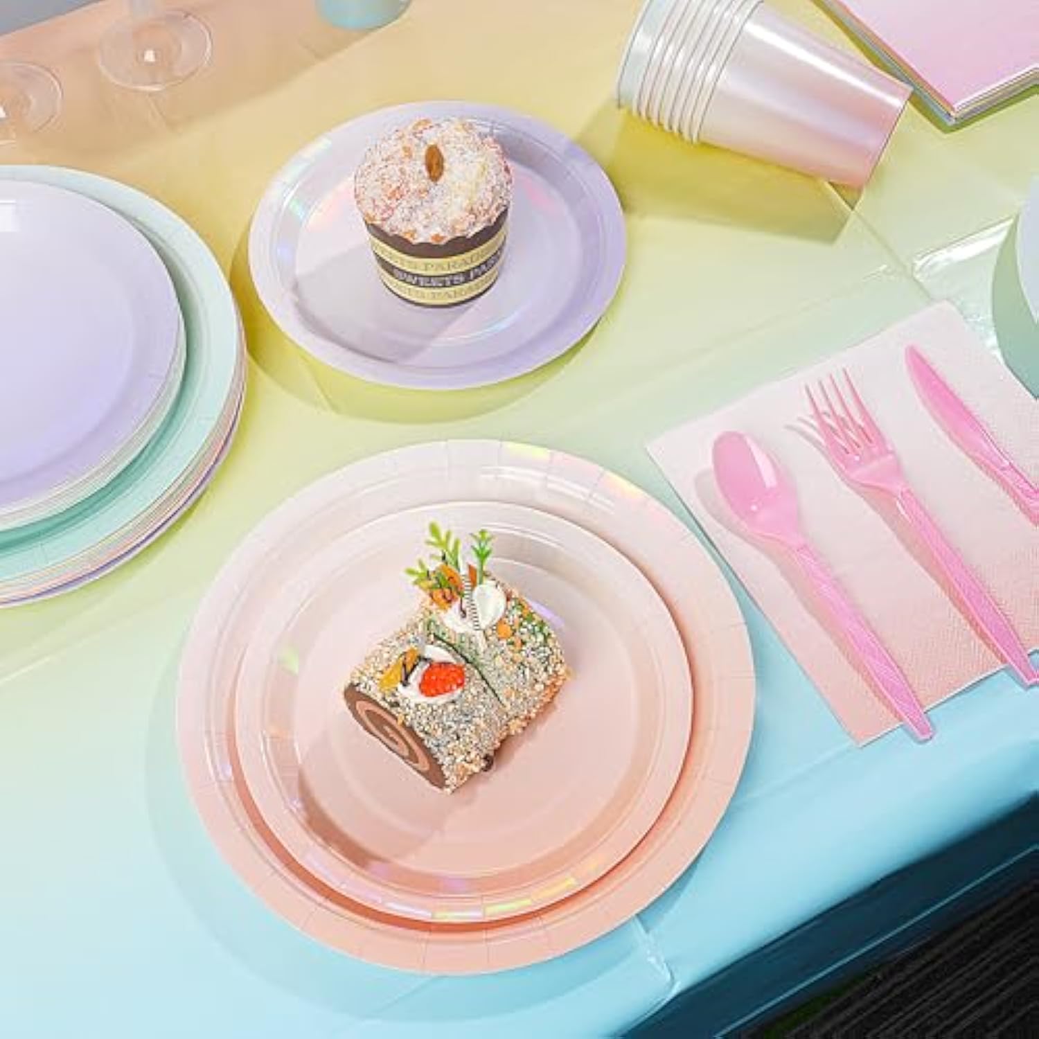 Iridescent Pastel Plates And Napkins Serve 25, Pastel Rainbow Holographic Party Plates Supplies, Disposable Paper Plates Napkins Cups Knives Forks For Birthday Wedding Baby Shower Party Decorations
