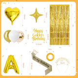Golden Birthday Party Decorations Includes Happy Golden Birthday Banner,Foil Fringe Curtains,Latex Balloons,Cake Topper,Sash,Tiara