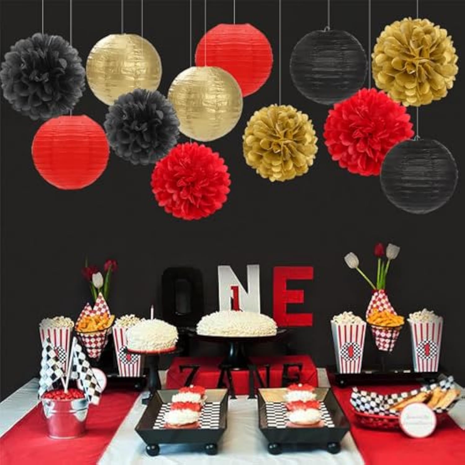 Red-Black Gold Party-Decorations Paper Flowers Lanterns - 15Pcs Casino Theme Halloween Tissue Pom Poms Streamers,Game Night Women Men Birthday Wedding Bachelorette Hanging Supplies Decor