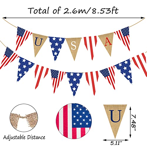 Independence Day Pennant Flag 4th of July Burlap Banner USA Bunting Banner Patriotic Triangle Flag American Star Stripe Garland Banner for Memorial Veteran Day Labor Day Mantel Fireplace Decor