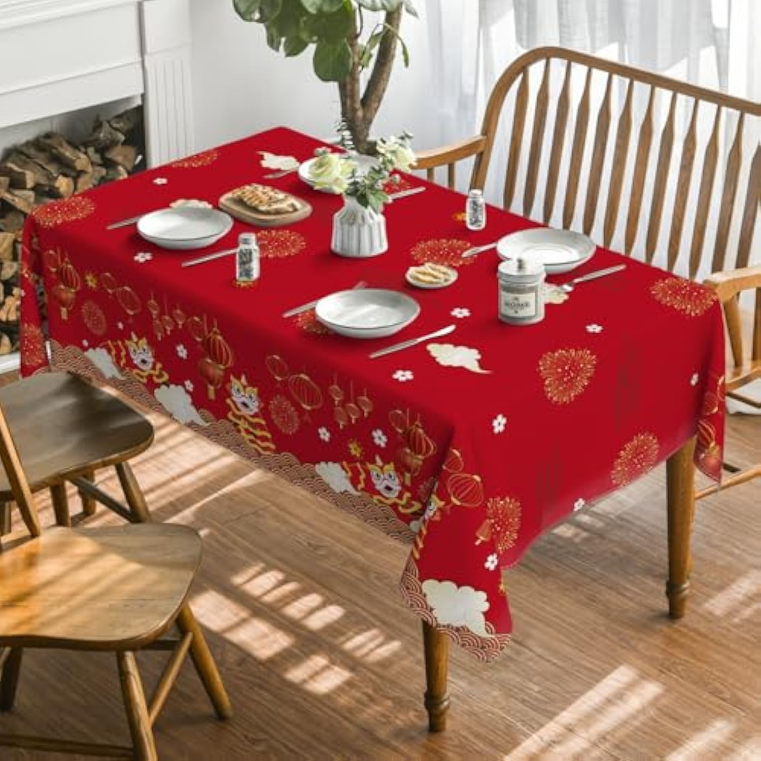 New Year Tablecloth 60x84in Red Lion Dance Lantern Washable Party Cover