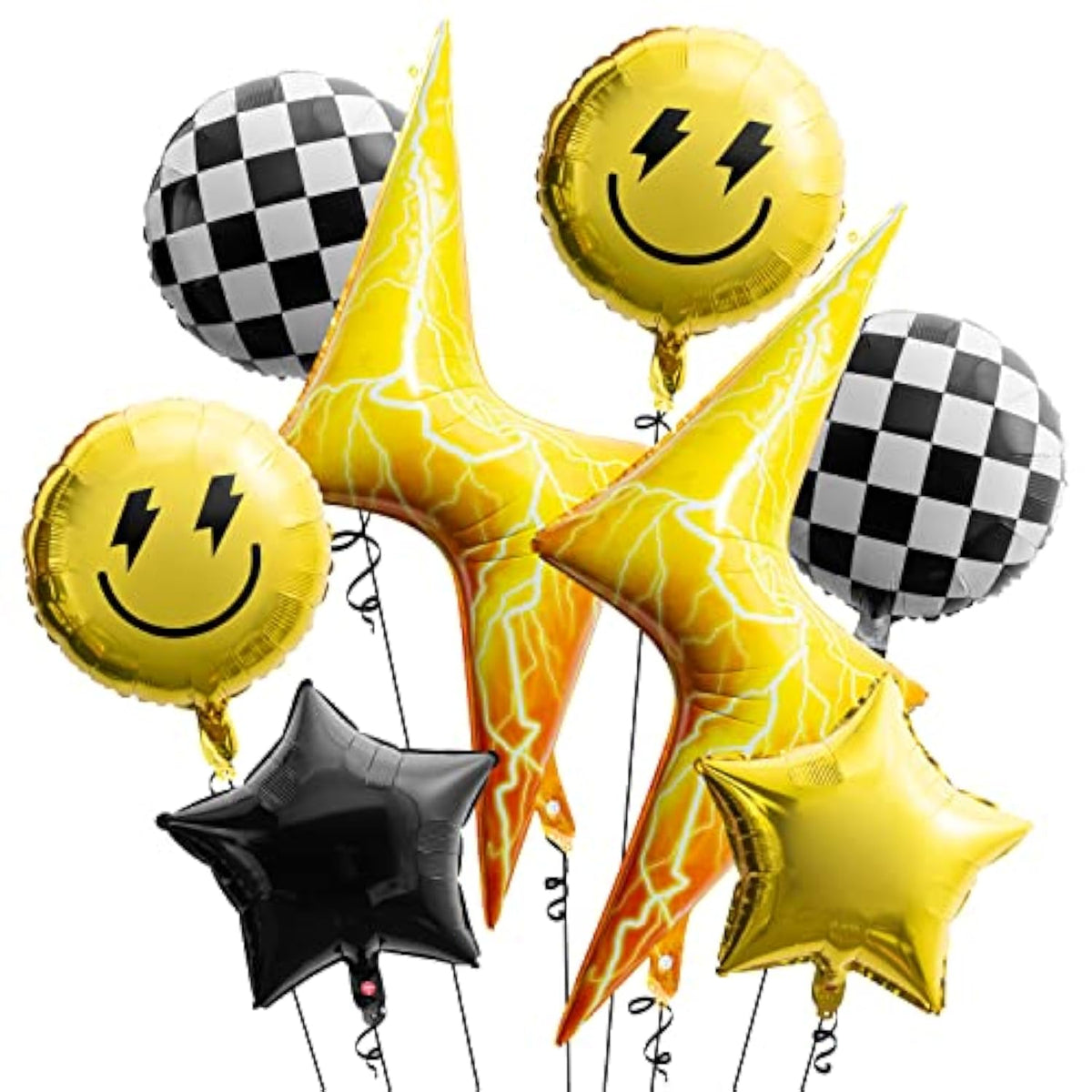 8Pcs 18" Smile Checkered Balloons – Yellow Smile & Lightning Party Decor