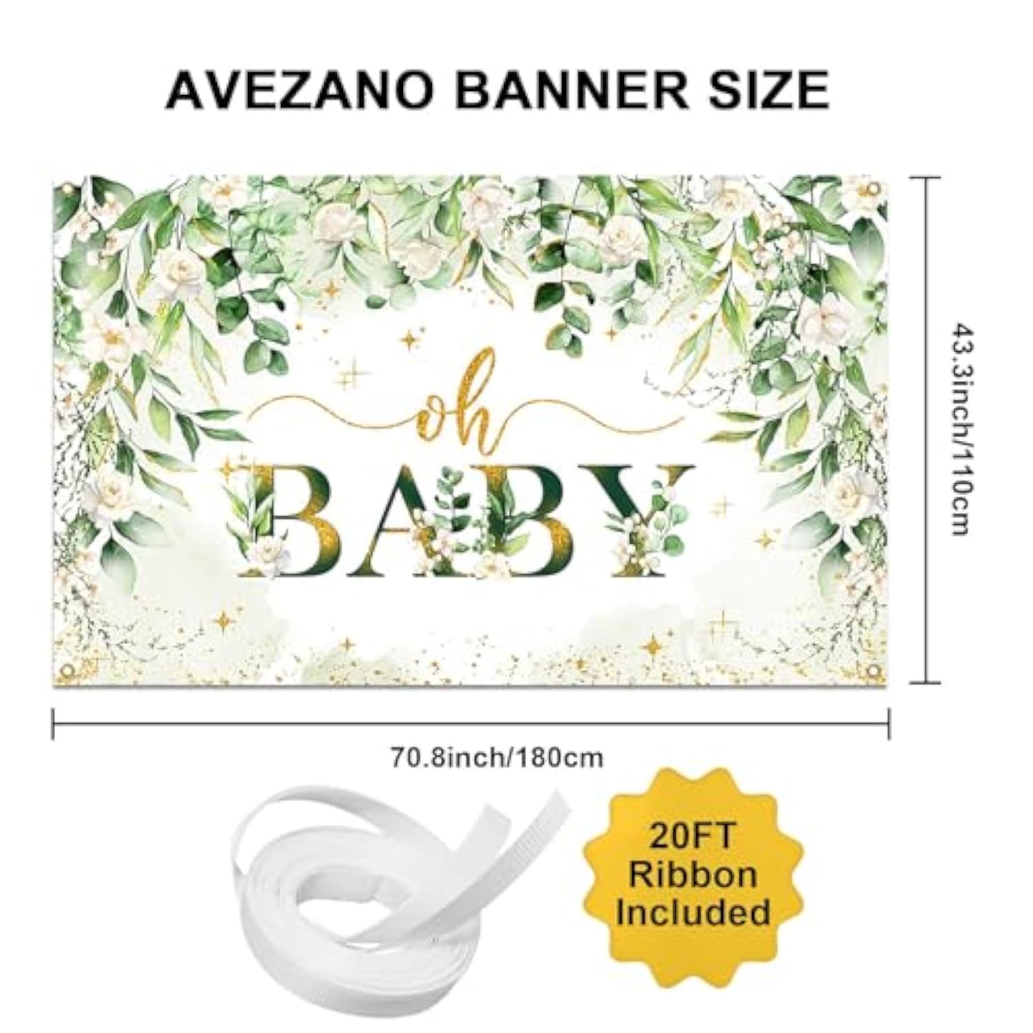 Greenery Boy Baby Shower Decorations Banner Floral Green Sage Oh Baby Backdrop Gold Glitter Greenery Leaves Gender Neutral Baby Shower Decorations (6X3.6Ft)