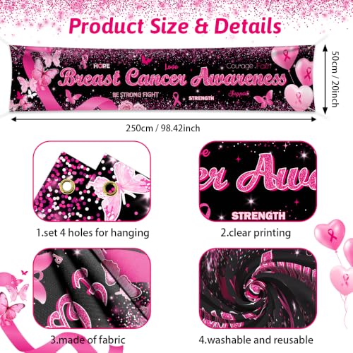 Breast Cancer Awareness Banner Backdrop October Breast Cancer Month Decorations Black Ribbon Party Banner Butterfly Love Hope Faith Strength Party Charity Activities Fundraising 98.4x19.6inch