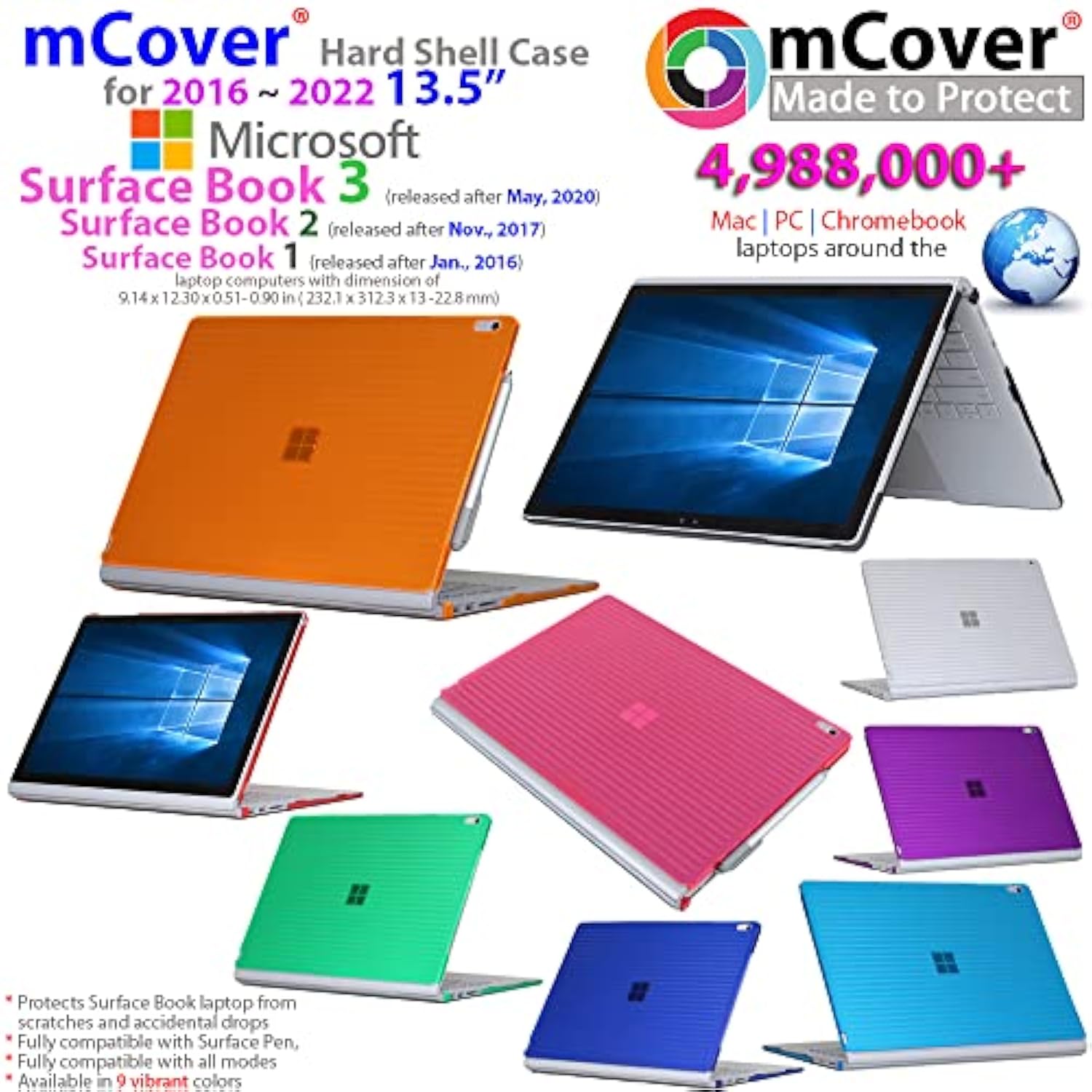 mCover Case Compatible for 2016~2022 13.5" Microsoft Surface Book 1/2 / 3 with Detachable Tablet Display ONLY (NOT Fitting Cheaper Surface Laptop Models) - Pink