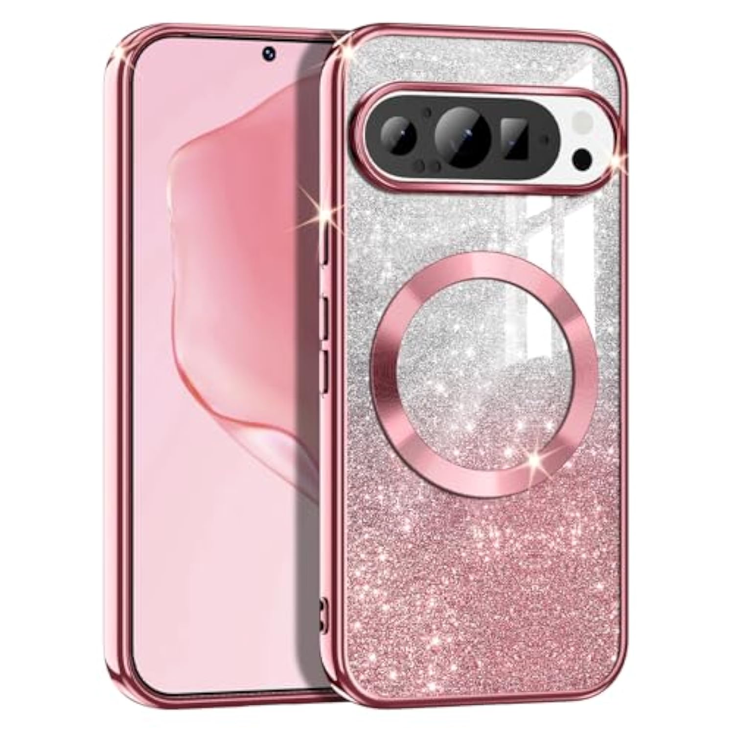 For Google Pixel 9/9 Pro Case, Compatible With , Glitter Sparkle Magnetic Plated Slim Shockproof Soft Tpu Bumper Full Protection Case, Rose Gold