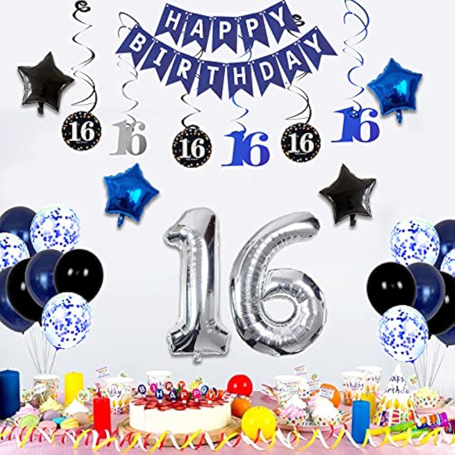 16Th Birthday Decorations For Boys And Girls Dark Blue, Happy Birthday Banner Silver Number 16 Balloons, Deep Blue Theme Party For Him - 16 Years Old Birthday Party Supplies Kit For Her