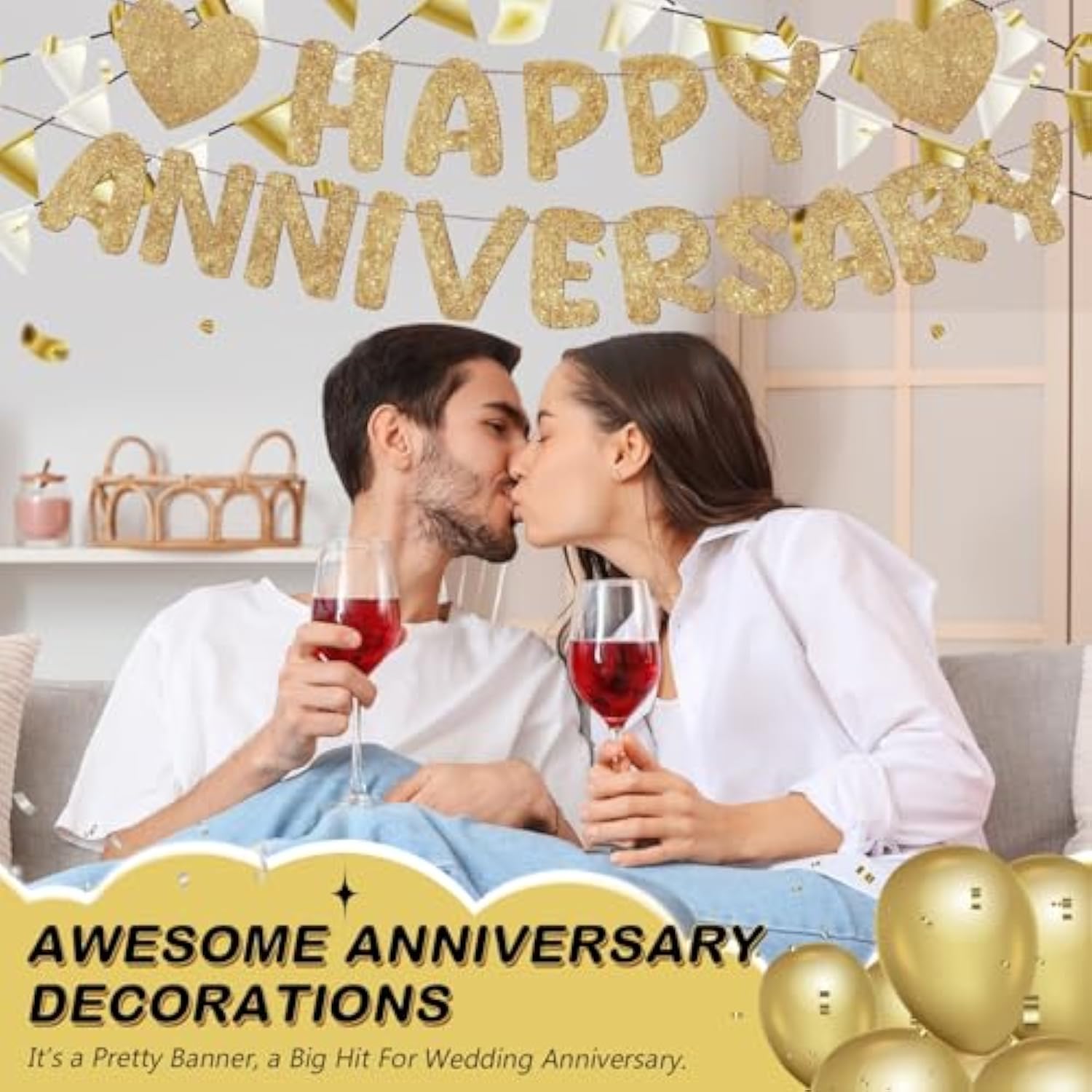 Happy Anniversary Banner Glitter Happy Anniversary Decorations Wedding Party Banner Romantic Decorations No Diy Pre-Strung For Wedding Party Birthday Door(Champagne Gold)