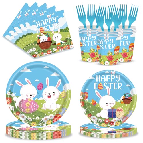 120pcs Easter Plates and Napkins Tableware Set, Happy Easter Disposable Plates Napkins Forks and Cups for Bunny Party Decorations and Supplies, Serve 24
