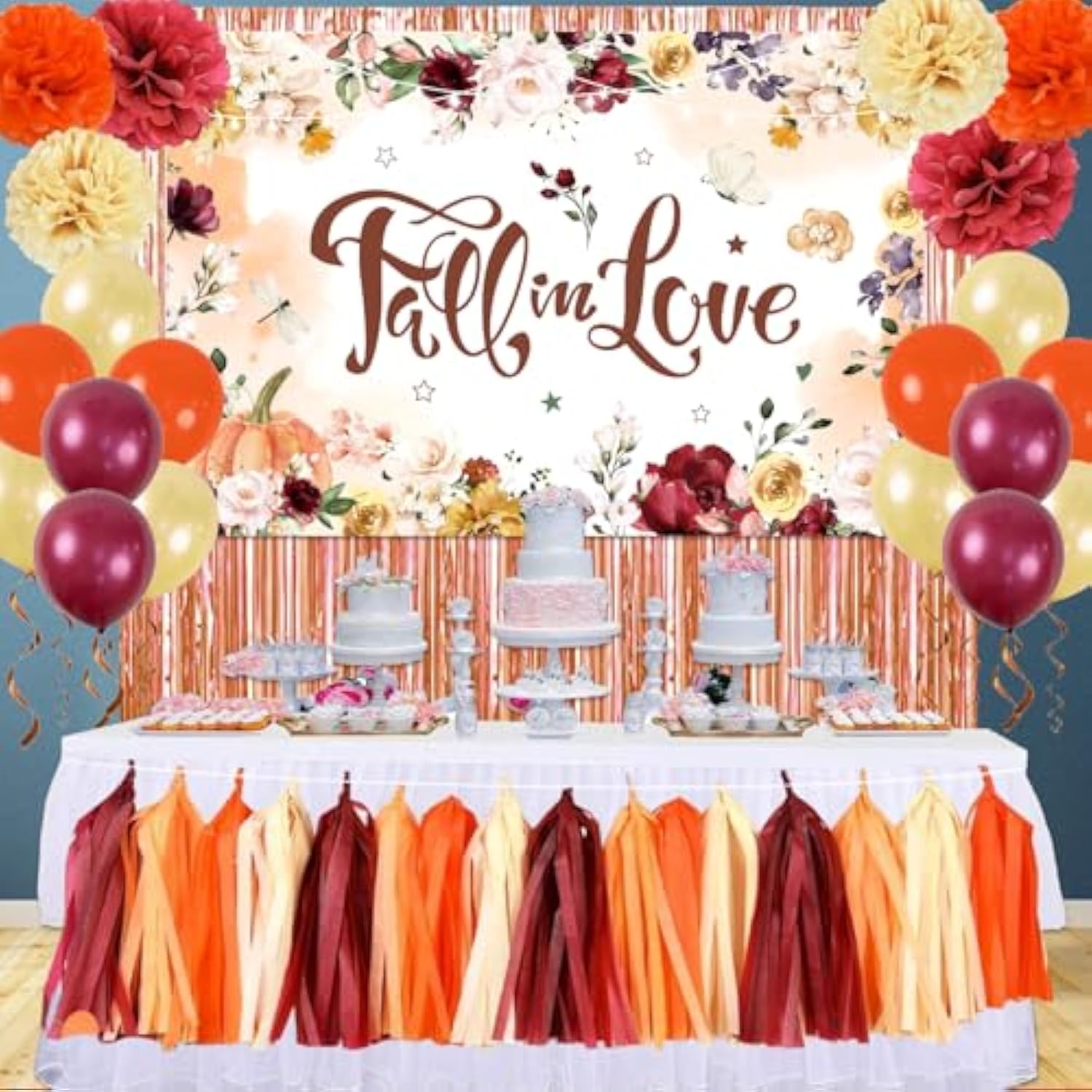 Fall In Love Bridal Shower Decorations Fall Wedding Decorations 47Pcs Fall Bridal Shower Decorations Set Includes Backdrop, Paper Pom Poms, Paper Tassel, Curtains And Balloons