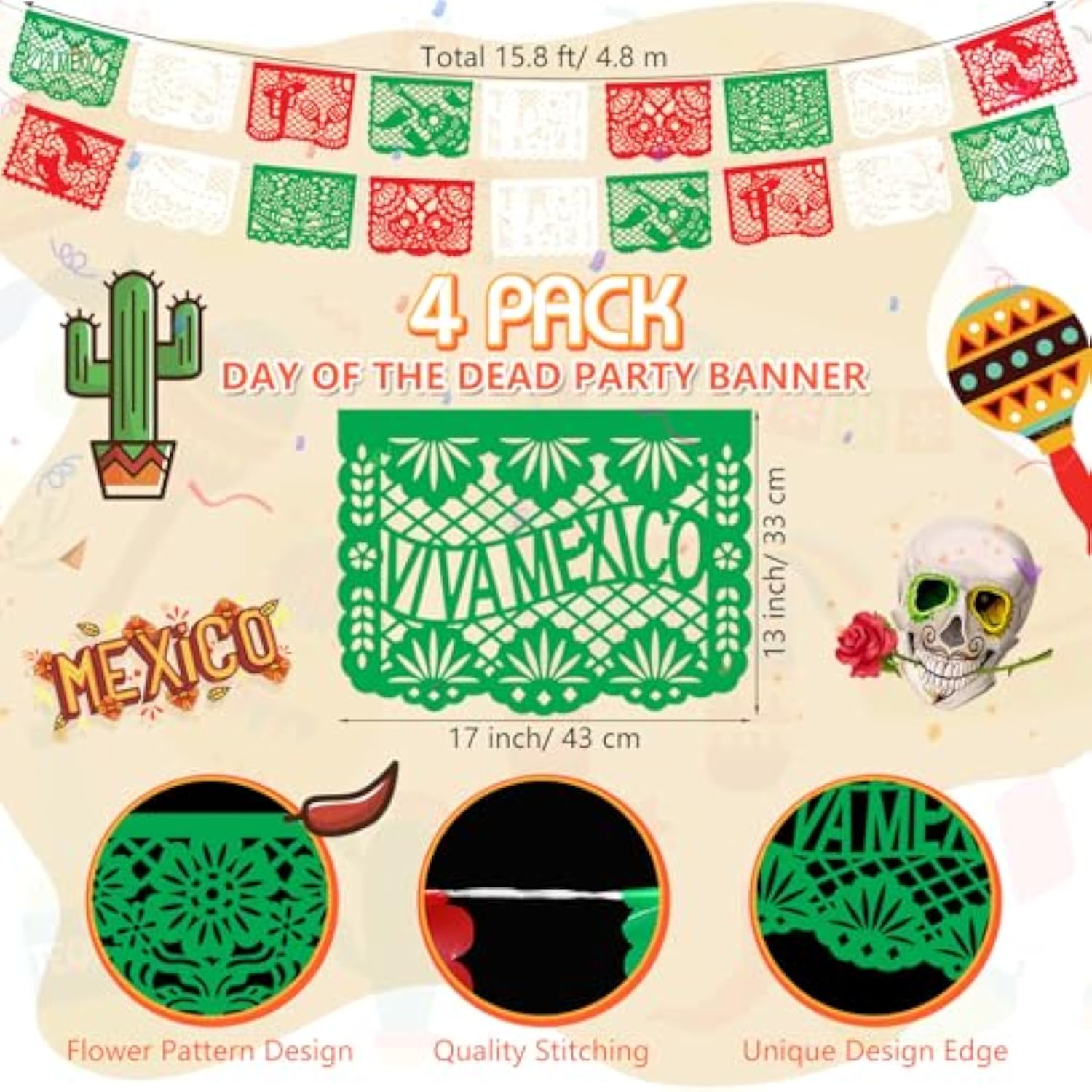 4 Pack Green White Red Mexican Papel Picado Banner Large Plastic Mexican Party Banner Day Of The Dead Papel Picado Decorations Cinco De Mayo Dia De Los Muertos Banner Decor For Party Supplies