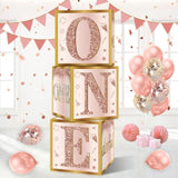 3Pcs 1St Birthday Boxes & Decor - Pink Rose Gold Miss Onederful Balloons, One Year Old Girl Birthday Theme Cardboard Box Decor