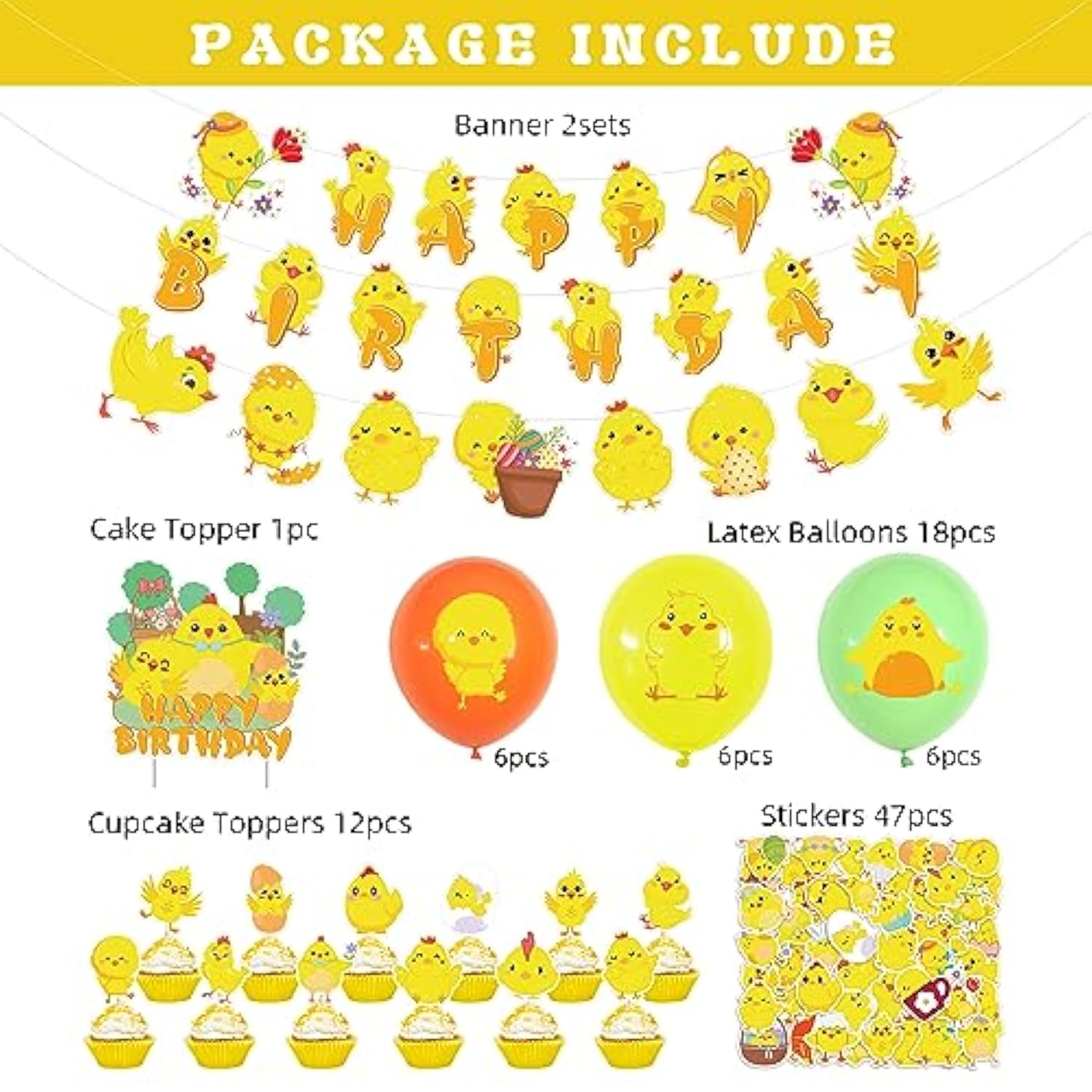 Chicken Farm Party Decorations - Happy Birthday Banner, Cute Chicken Banner, Cake Toppers, Latex Balloons, Sticker For Baby Shower, Boy Kid Birthday Supplies