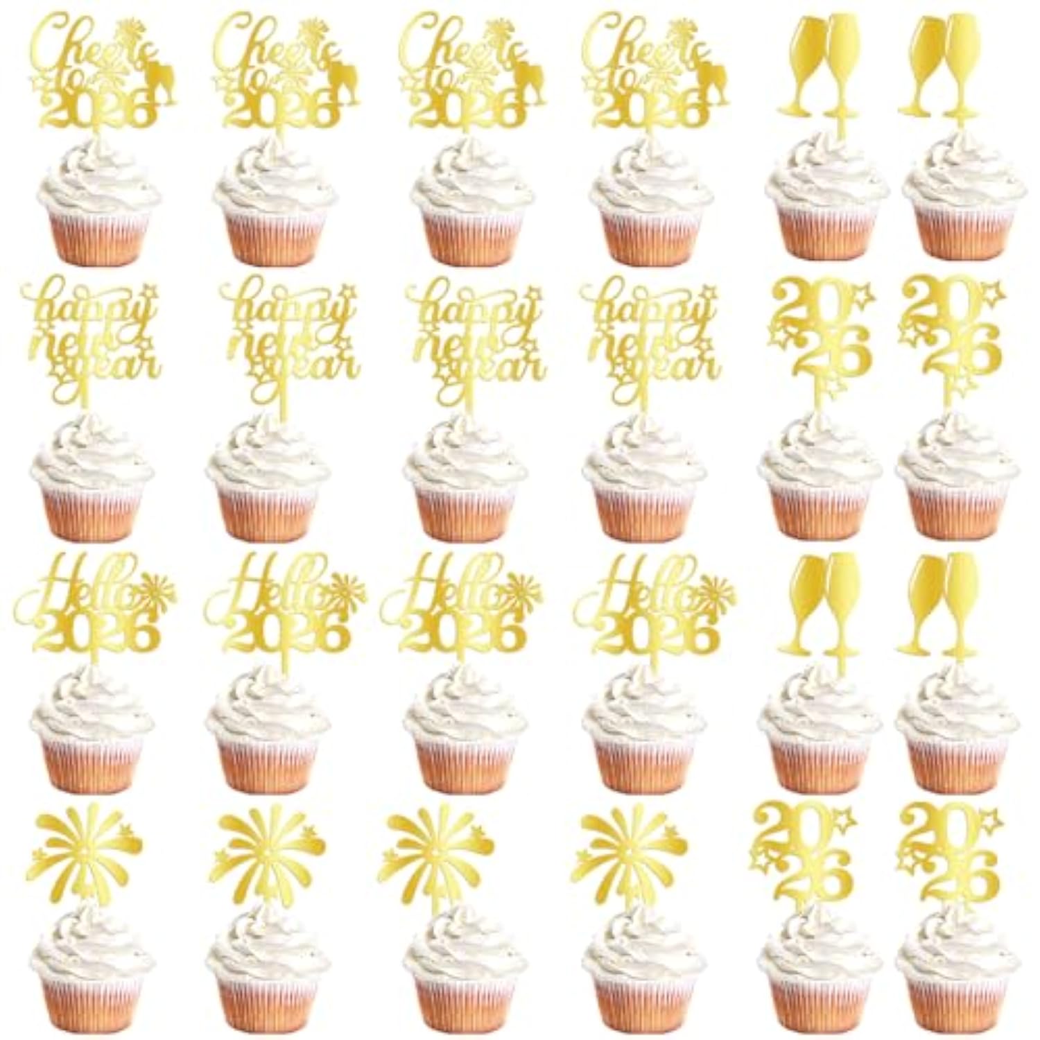 24pc Gold Acrylic 2026 New Year Cupcake Toppers