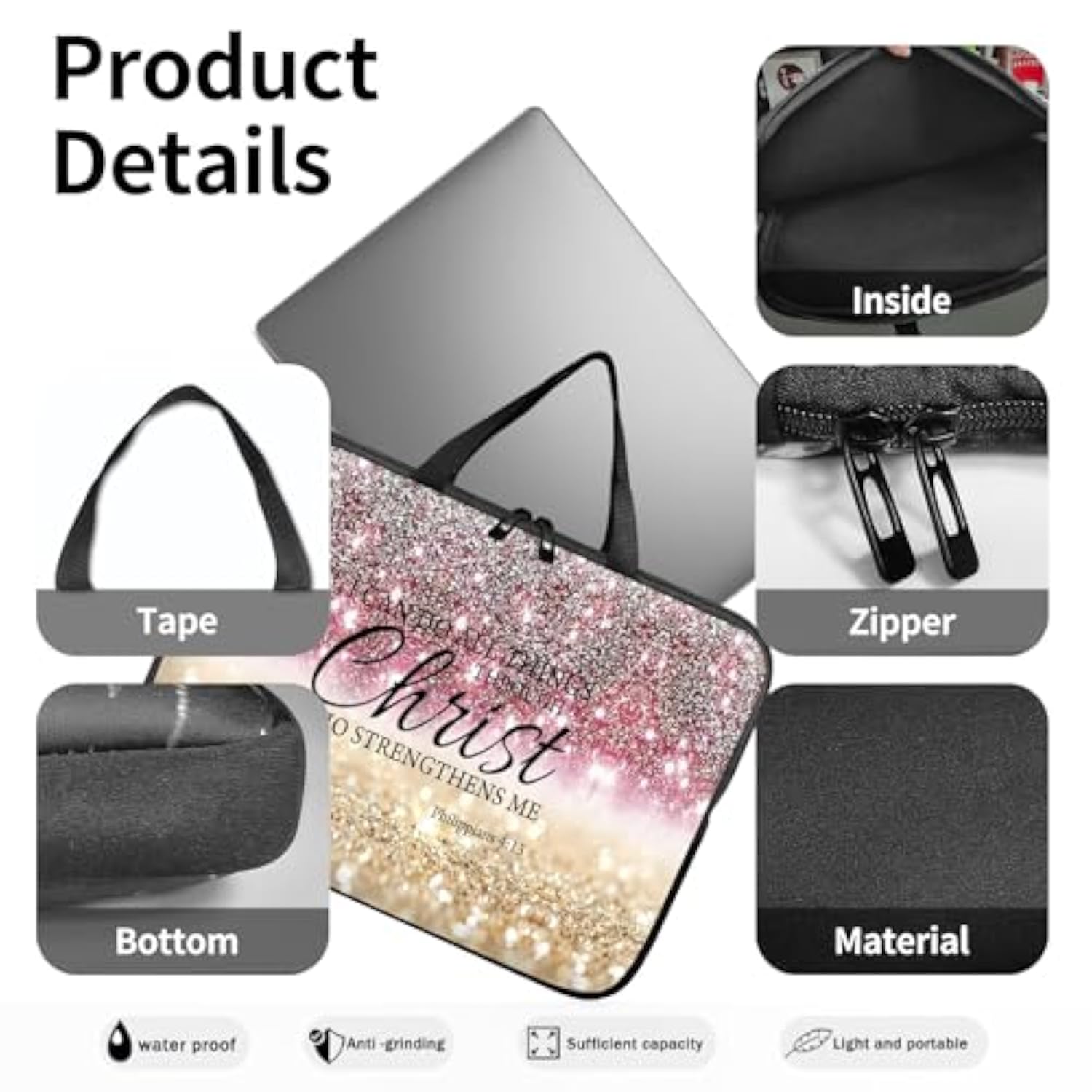 14" 15" Laptop Handle Bag Computer Bag,14.2" 15.4 Inch Pouch Holder Notebook Sleeve Cover Compatible For Dell,Lenovo,Toshiba Hp, Asus Notebook Messenger Briefcase-Glitter Philippians 4:13