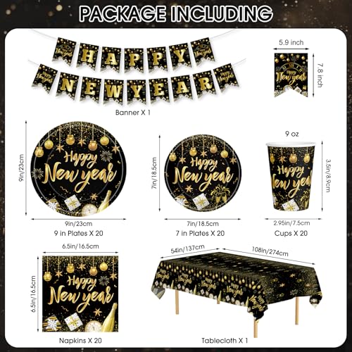 82 Pcs New Years Eve Party Supplies 2026 Set - Black Gold Happy New Year Decorations Kit, Including New Year Plates Napkins Cups Tablecloth and Banner for 2026 Happy New Years Party Decor Supply Favor