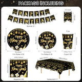 82 Pcs New Years Eve Party Supplies 2026 Set - Black Gold Happy New Year Decorations Kit, Including New Year Plates Napkins Cups Tablecloth and Banner for 2026 Happy New Years Party Decor Supply Favor