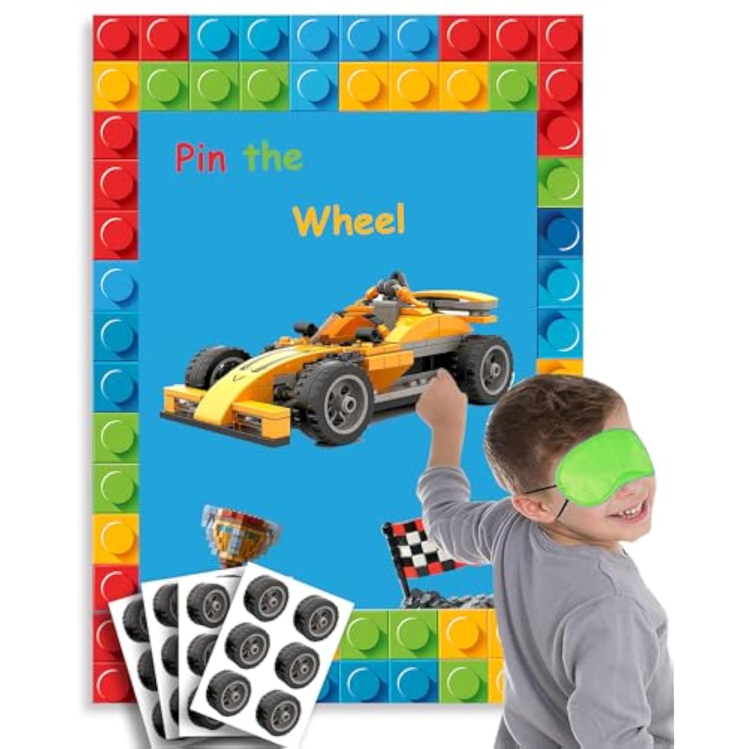 Building Blocks Party Supplies, Pin The Wheel On The Race Car Building Blocks Party Games. Race Car Games, Big Size Poster. Building Block Party Favors, Elastic Blindfolds, Stickers Edge Cut., Large
