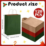 120 Pcs Brown Red And Green Christmas Gift Bags Holiday Gift Kraft Paper Bags With Handles For Wedding Baby Shower Bridal Shower Shopping Party Favor Business, 8.26 X 6.3 X 3.15 Inches