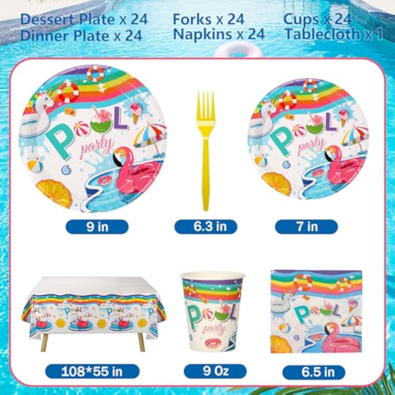 Pool Birthday Party Supplies, Disposable Pool Party Plates, Cups, Napkins, Cutlery And Tablecloth For Pool Birthday Themed Party Decorations Serves 24, Blue