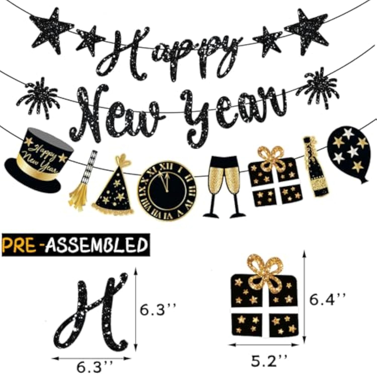Happy New Year Banner 2026 Black Glitter Pre-Strung Party Garland Decorations