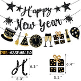 Happy New Year Banner 2026 Black Glitter Pre-Strung Party Garland Decorations