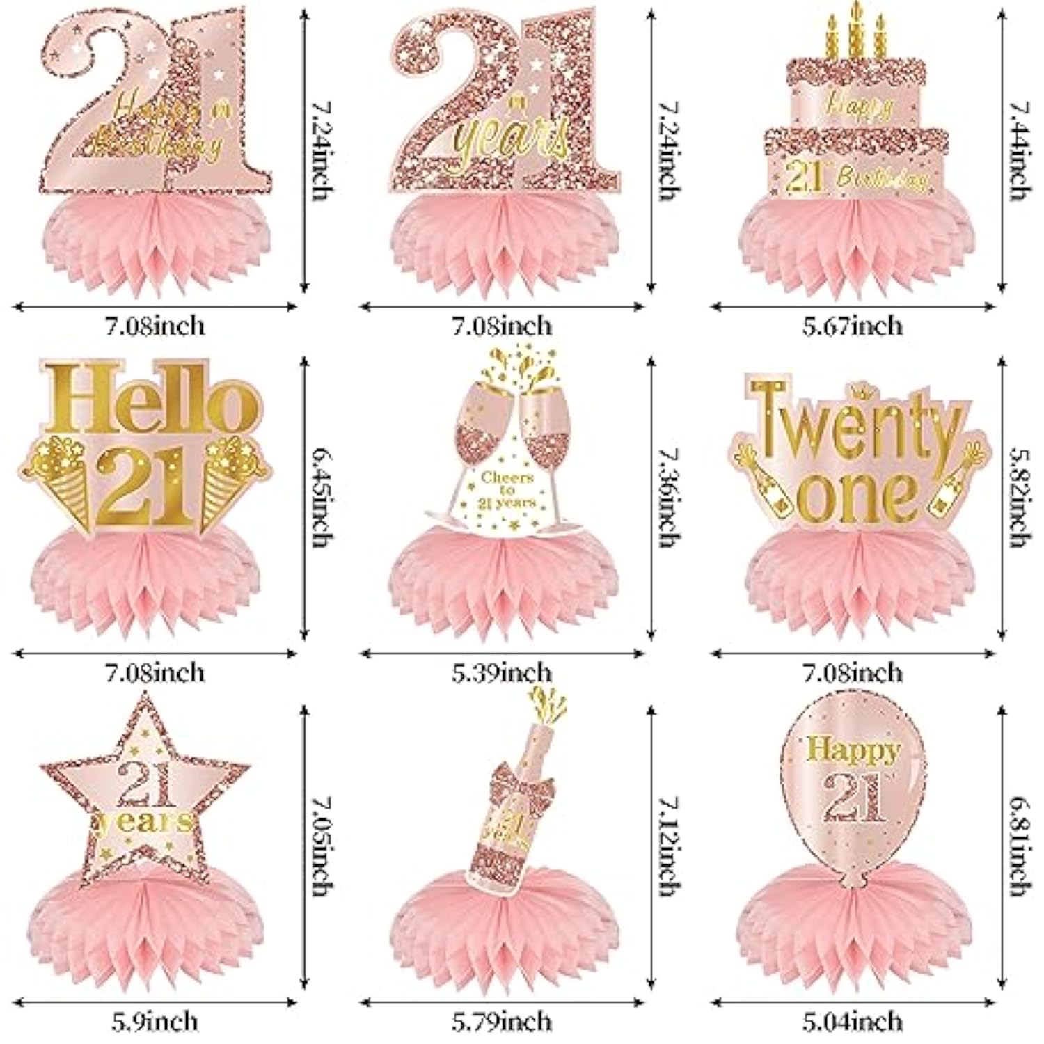 Pink Rose Gold 21st Birthday Table Centerpieces – 9pcs Honeycomb Decorations for Women & Girls,