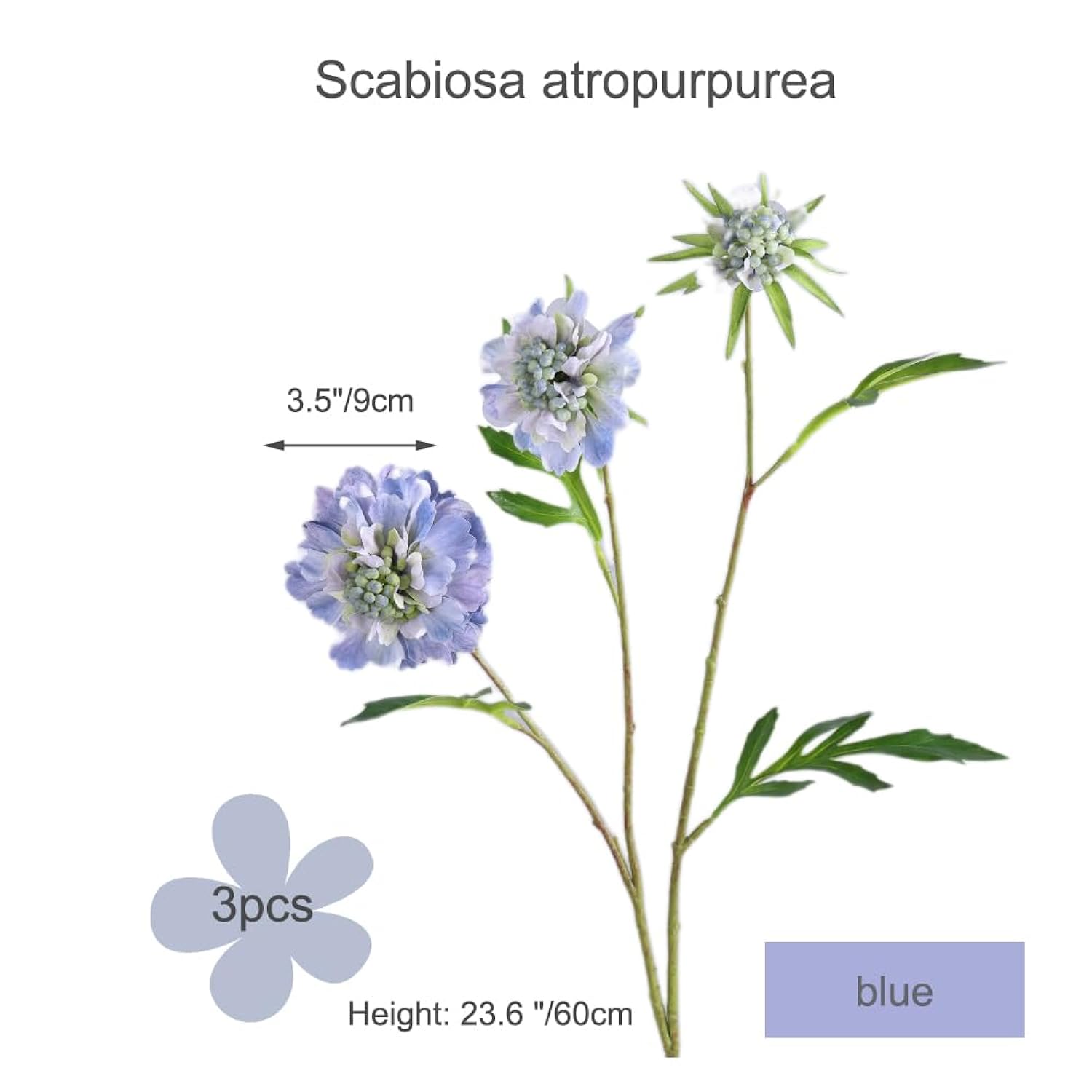 Artificial Scabiosa Atropurpurea Flowers, 3 Pieces Silk Faux Flower, 23.6 In Height Long Stem Fake Plant For Home Wedding Restaurant Hotel Decoration (Blue)