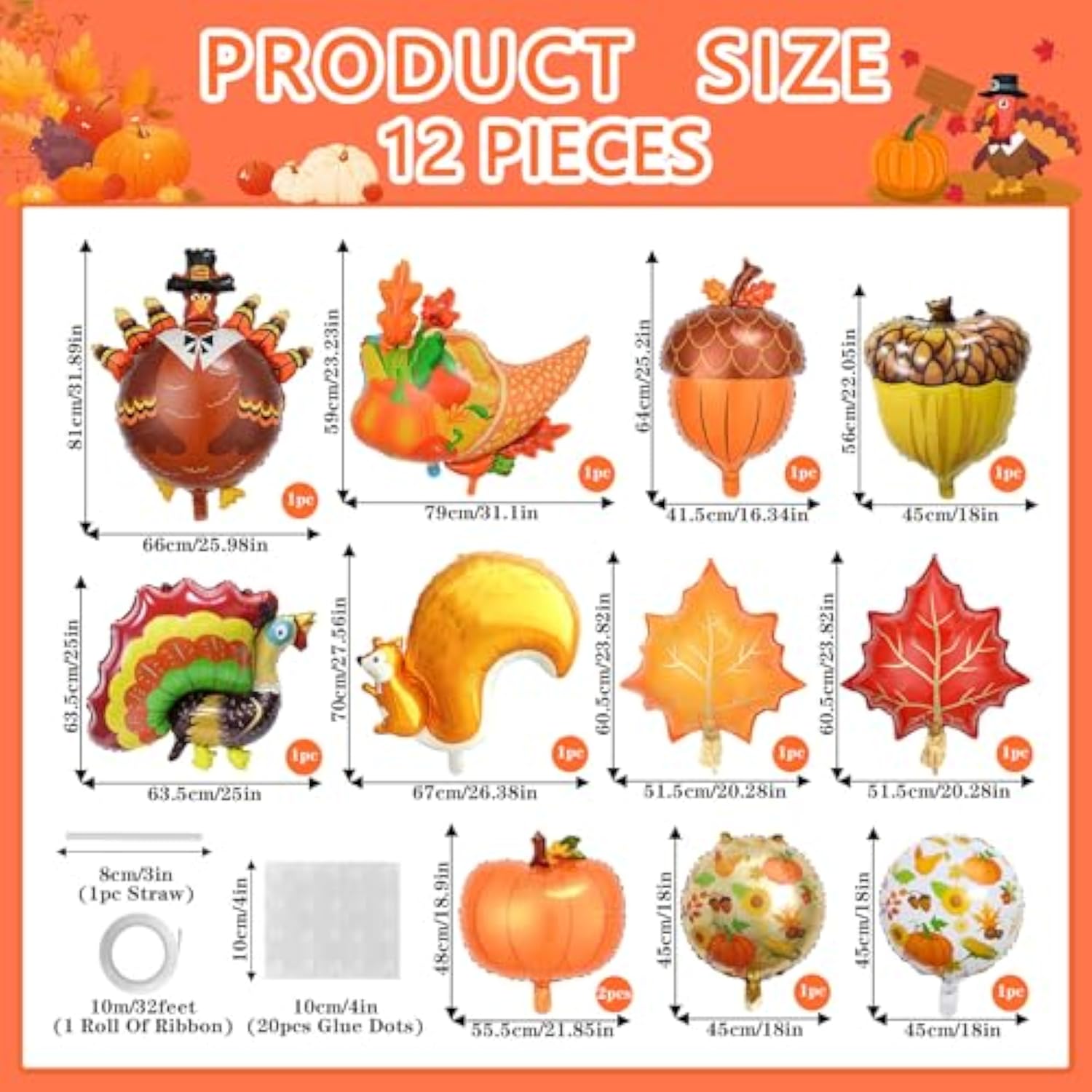 12 Pcs Thanksgiving Foil Balloons Turkey Pumpkin Leaf Squirrel Autumn Party Decor