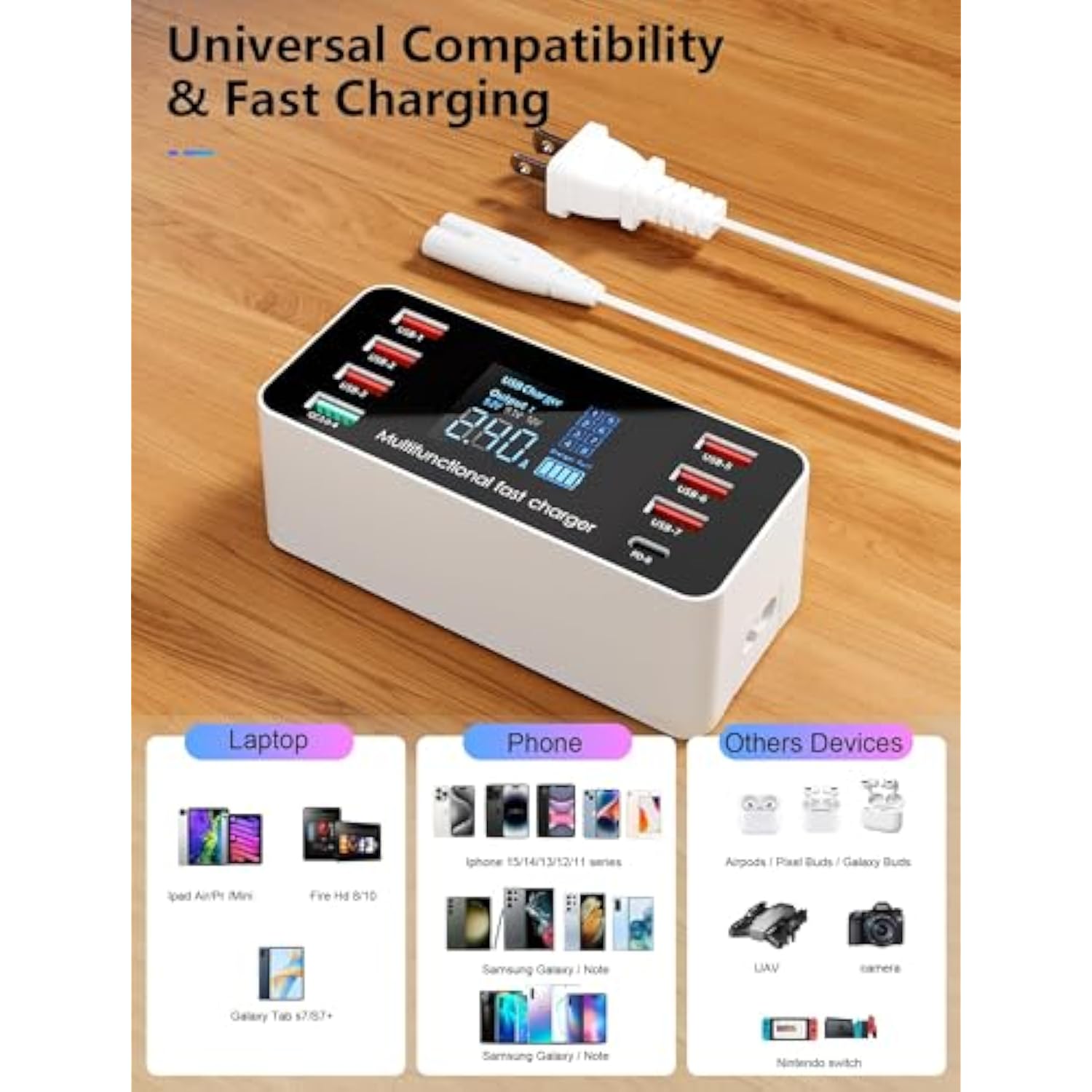 60W 8-Port Usb Charging Station - Charge Multiple Devices Simultaneously, Includes Chargers For Various Devices